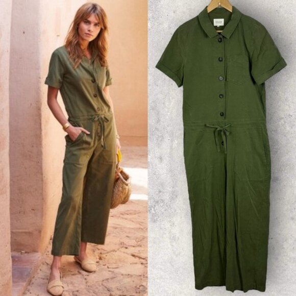 Sézane Charles Army Green Jumpsuit Size 42 French or US 10 Utility Pockets Boho - Picture 15 of 16